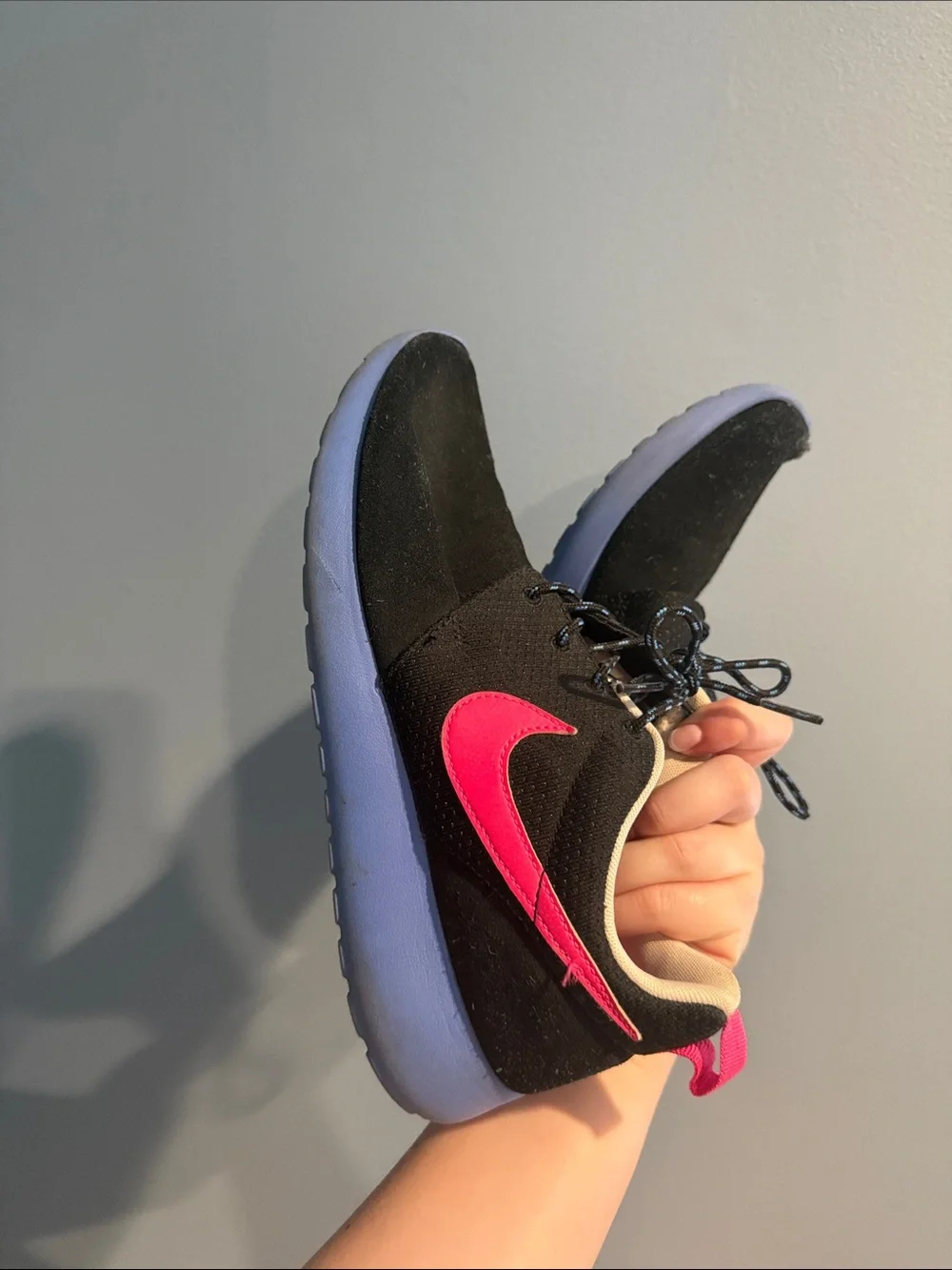 Nike Kids Black Sneakers with Hot Pink Swoosh and Blue Sole